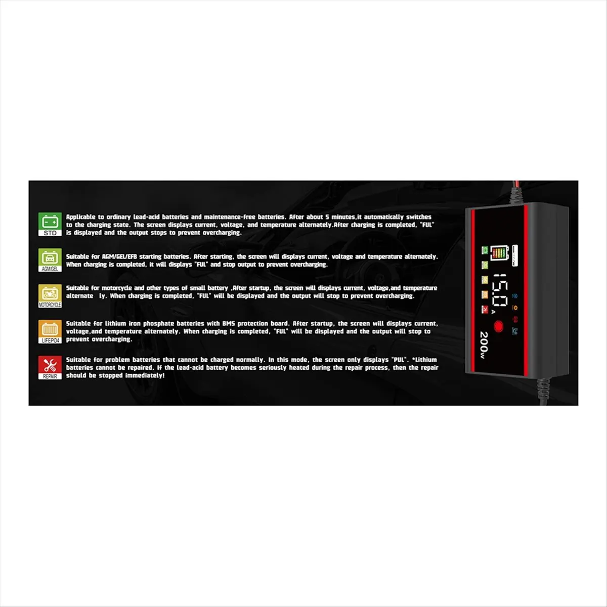 

12V15A 200W Smart Car Battery Charger Car Motorcycle Battery Charging12V LiFePO4 Lead-Acid Battery Repair LCDDisplay(EU)