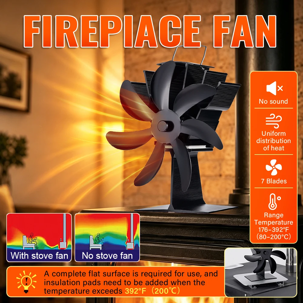 7 Blades Stove Fan Heat Powered Fireplace Fan Log Wood Burner Aluminum Alloy Eco-Fan Quiet Home Warm Efficient Heat Distribution