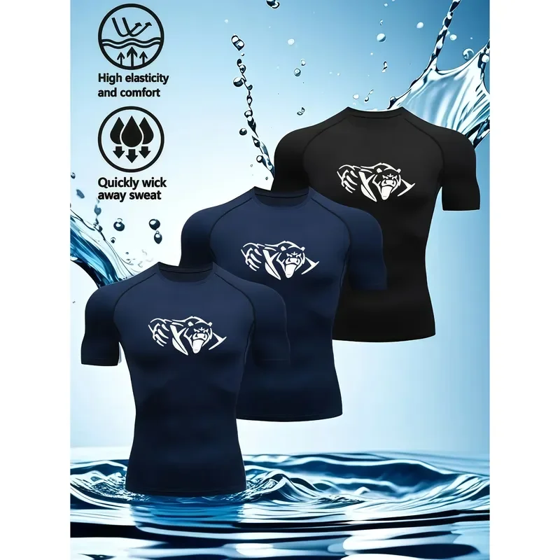 3PCS Mens Compression Shirt with Bear Chest Print High Elastic Quick Dry Breathable Stretch Fitness Workout Sport Tops
