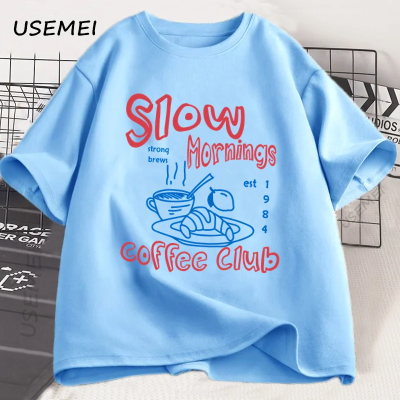 Slow Mornings Graphic Tshirt Man Trendy Coffee Club Tshirt Retro Coffee and Croissant T Shirt Breakfast Club Tee Cotton Clothing view 4