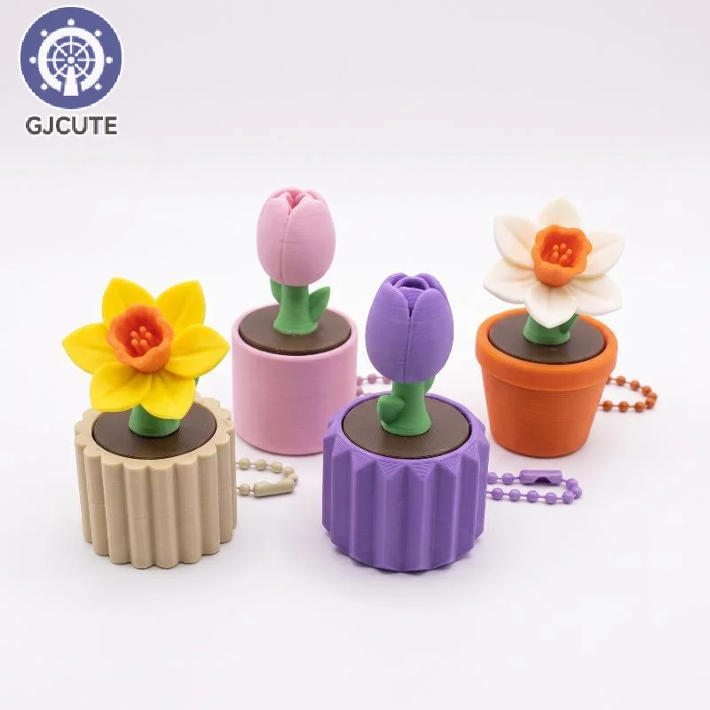 Tiny Potted Flower Fidget Charm, Eco-Friendly PLA 3D Printed Spring Floral Plant Style Decompression Backpack Decor Keychain