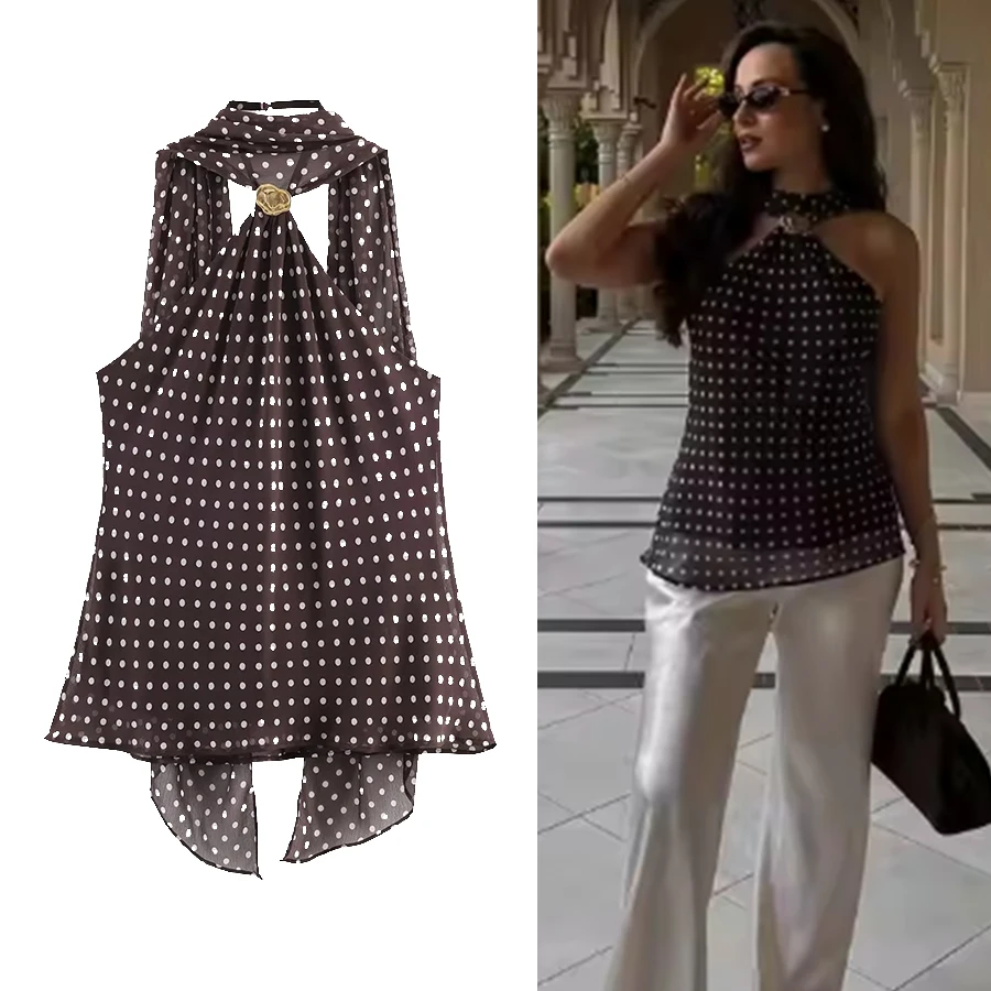 Women Chic Polka Dot Backless Lace Up Top Women Sexy Sleeveless Off-shoulder Metal Buckle Halter Cropped Blouse Lady Street Tops