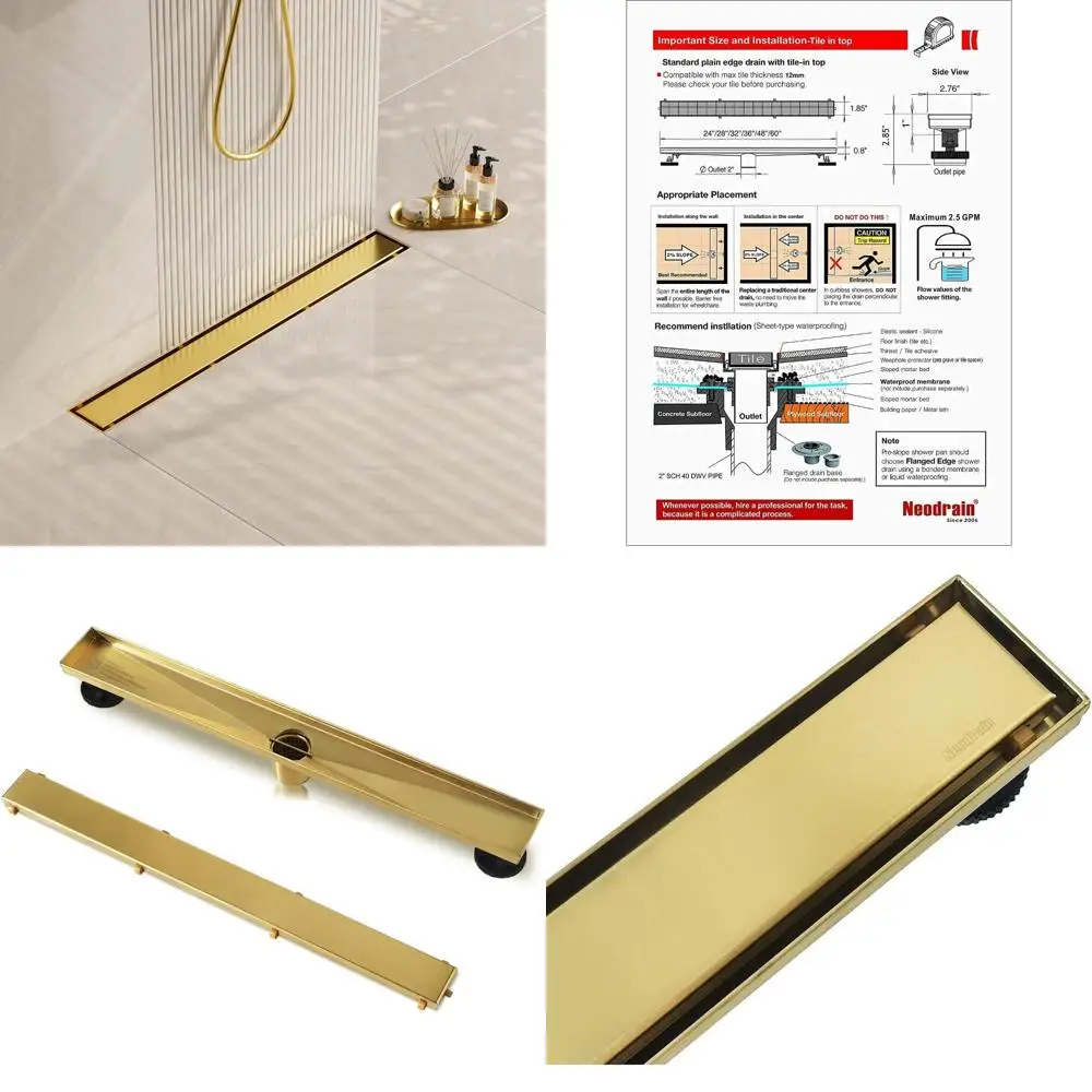 

18-Inch Gold Linear Shower Drain with Flat and Tile Insert Cover, Stainless Steel, Brushed Brass Rectangle Design for Modern Bat