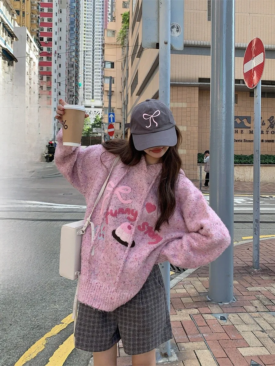 

CCKOK Women's Soft Plush Hooded Sweater Towel Patterned Knitted Top Pastel Pink Autumn Winter Casual Comfortable Long Sleeve