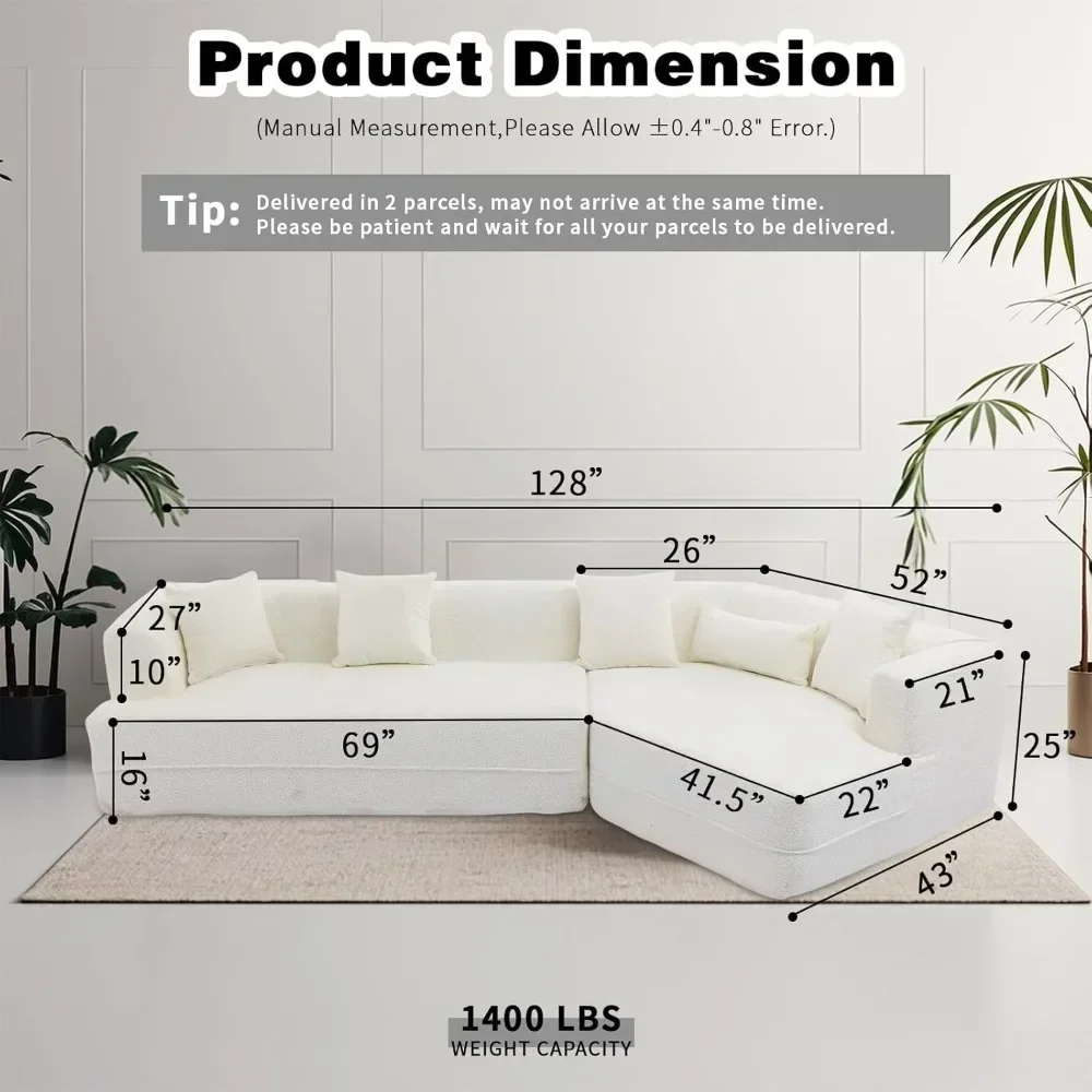 Sofa Modular Sectional, Modern Minimalist Sofa,128” Comfy Upholstered L Shaped Sofa with 5 Pillows,  Anti-Wrinkle Fabric Sofa