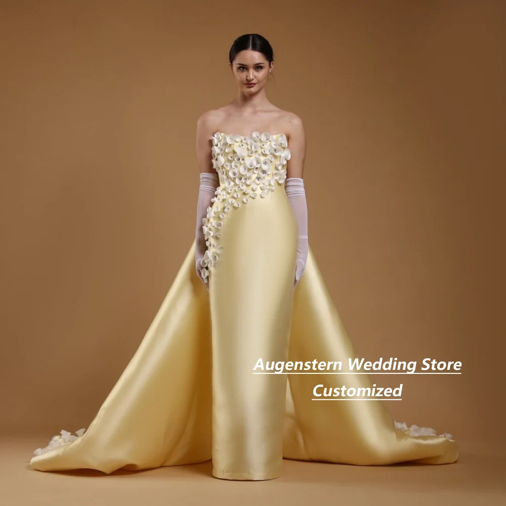 Customized Pale Yellow Mother Of The Bride Gown Strapless Satin Mermaid 3D Floral Detachable Over sized Train Evening Dress