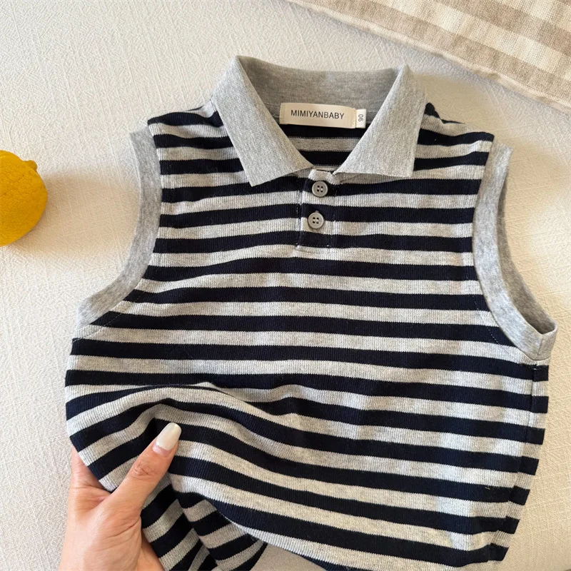 Kids Vest 2026 Mimi Eye Summer New Boy Girl Stripe Collar Vest Baby Unique Sleeveless Top Cool