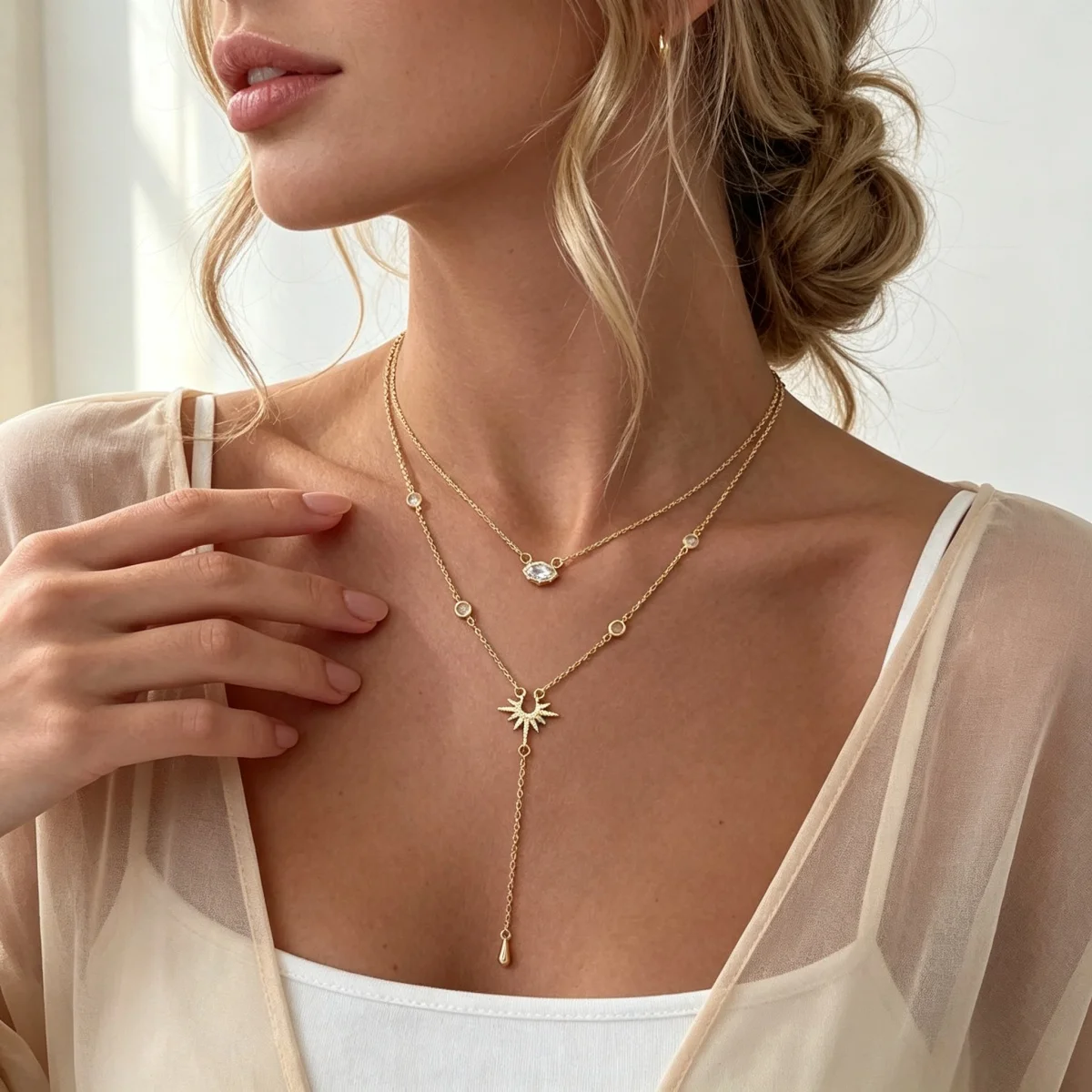 Doppelschichtige Strass-Geometrische Sonnenanhänger-Halskette in Y-Form für Frauen, Eleganter Rhombischer Sonnenblumen-Choker, Partyschmuck – Detail 8