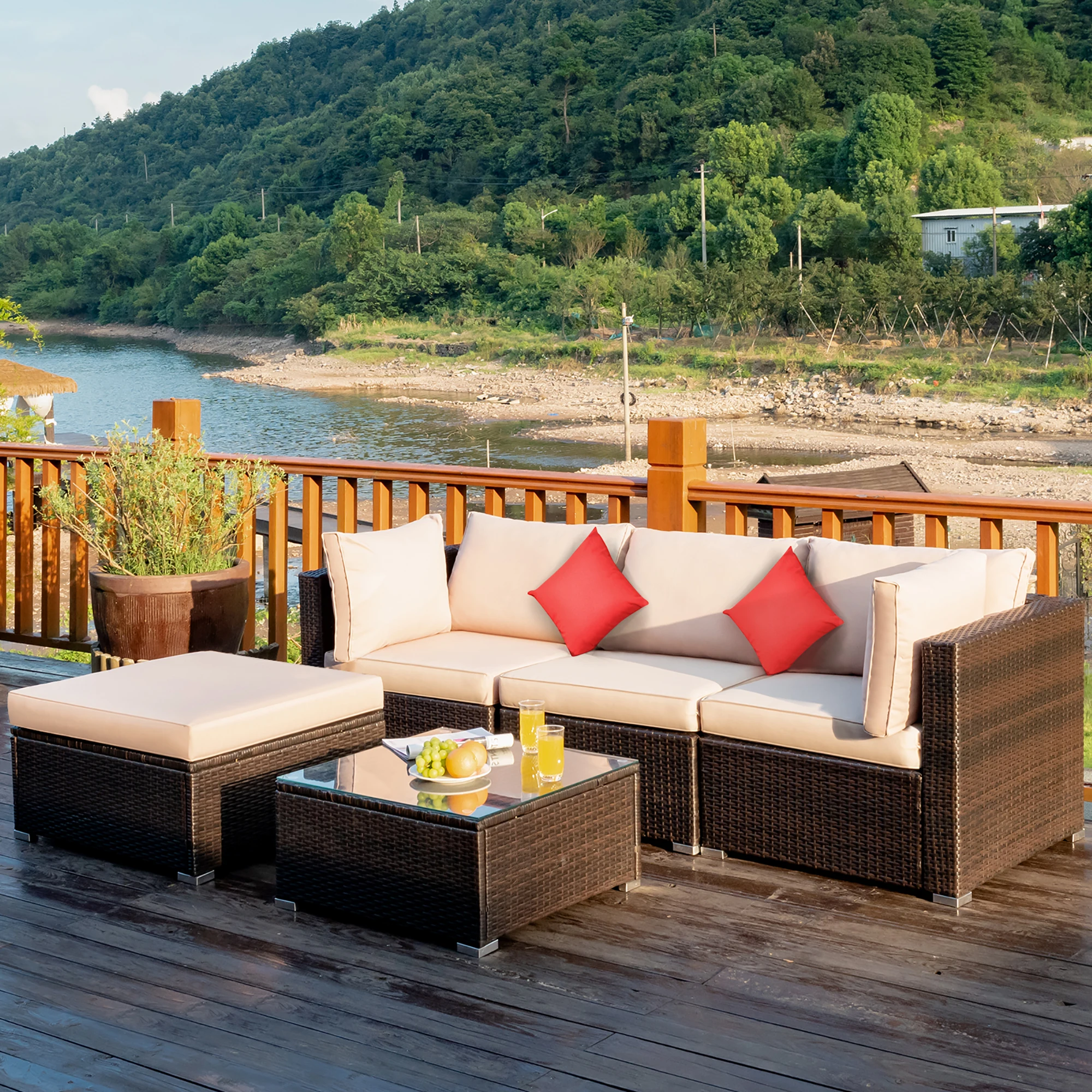 

5PCS Outdoor Patio Rattan Furniture Set Sectional Conversation W/Beige Cushion