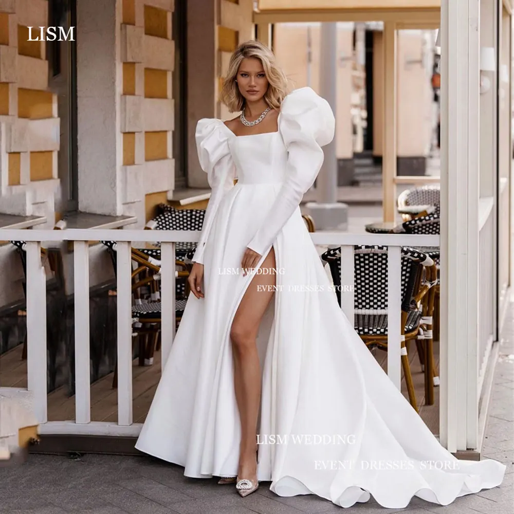 LISM elegante Puff vestido De novia De manga larga con abertura alta cuello cuadrado vestido De novia corte tren una línea bata De boda personalizada