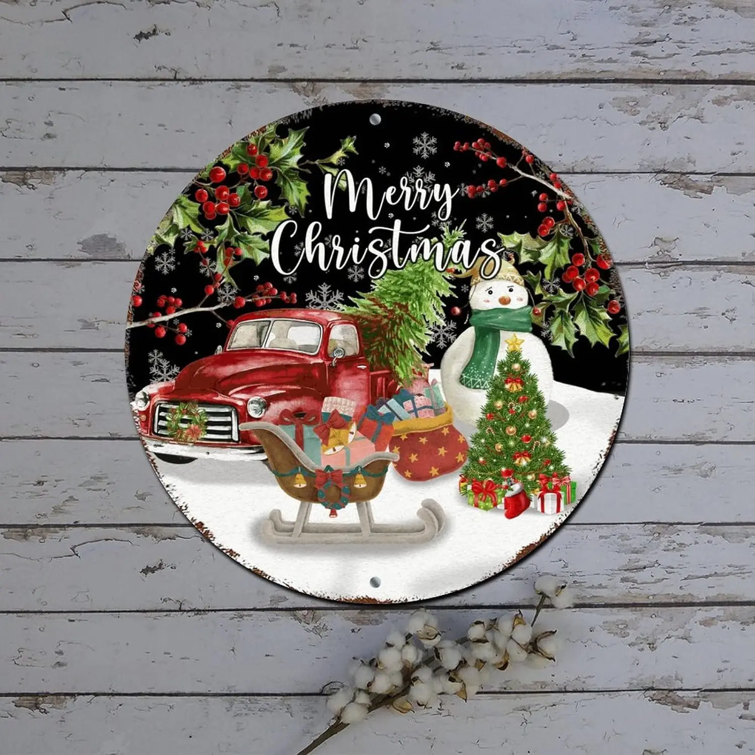 Outdoor Merry Christmas Sign Vintage Red Truck Snowman Holly Round Metal Tin Sign Christmas Joy Decor Retro Plaque Metal Signs f