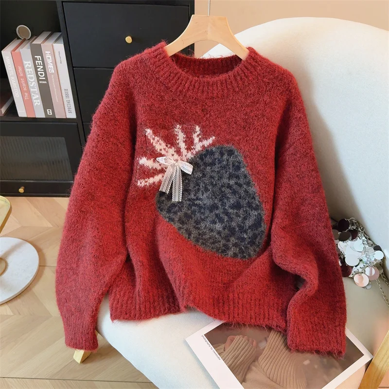 المرأة المشمش البلوز الفراولة سترة خمر 2000s البلوز متماسكة طويلة الأكمام س الرقبة سترة الكشمير المعنقة للنساء الخريف الشتاء #4