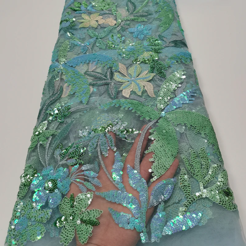 French luxurious lace fabric, African flower coconut tree sequin embroidery fabric, sewing fabric, high quality