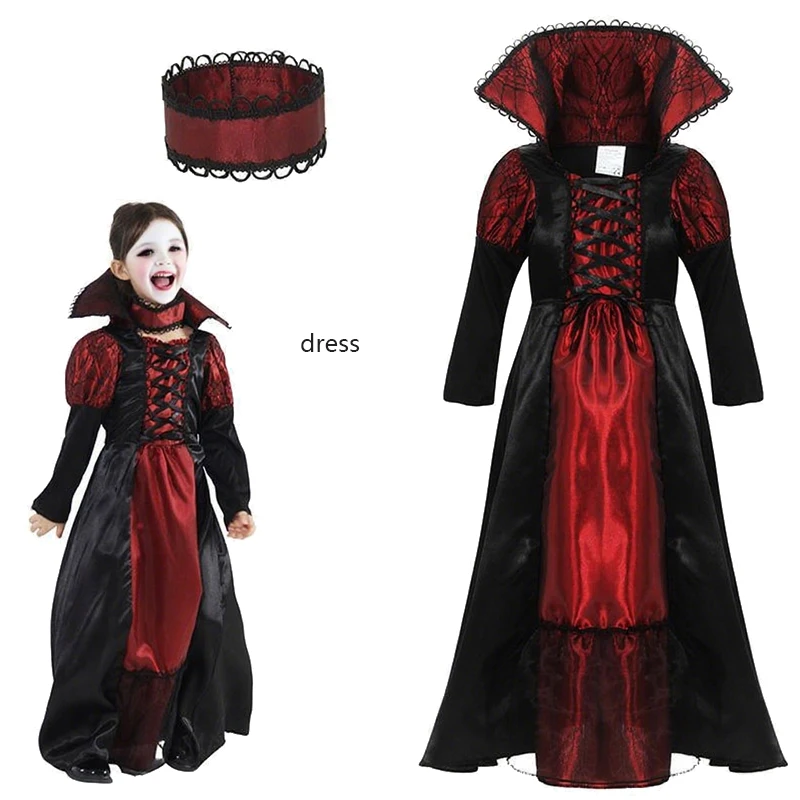 Vampire Queen Cosplay Costume Medieval Gothic Black Red Long Dress Performance Red Carnival Party Kids Clothes