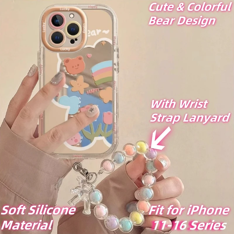 Красочный чехол для телефона с допамином Cute Bear для iPhone 16, 15, 14, 13, 12, 11 Pro Max Plus XR X, с ремешком на запястье, мягкий силикон