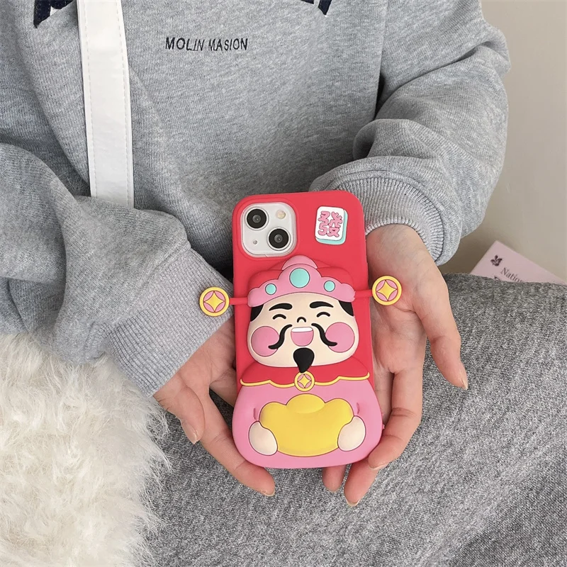 Creative silicone pink God of Wealth phone case for iPhone 13 14 15 16 pro max