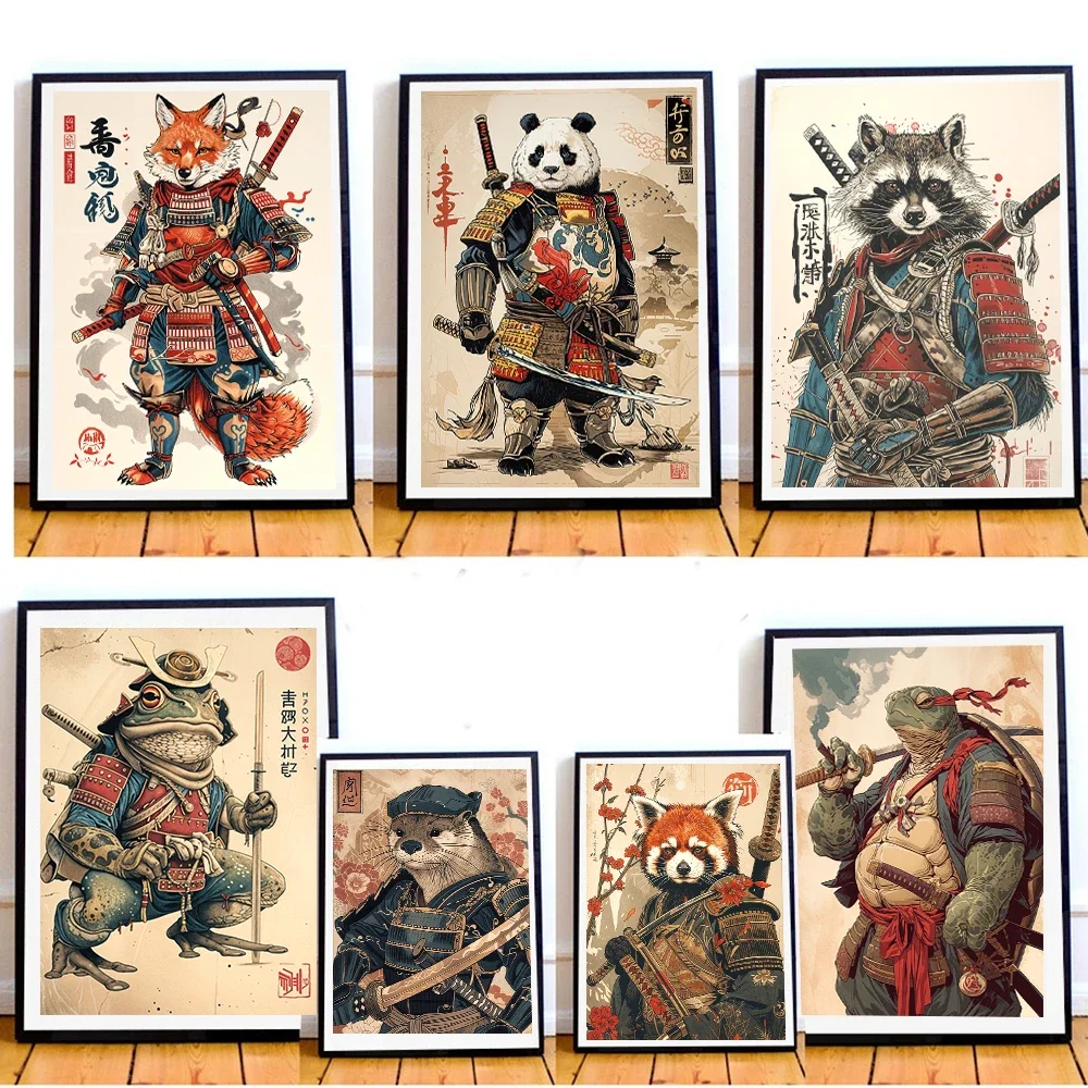 Retro Japanese Panda Rabbit Fox Lion Turtle Samurai Posters Print Japan Katana Animal Canvas Art Painting Living Room Home Decor