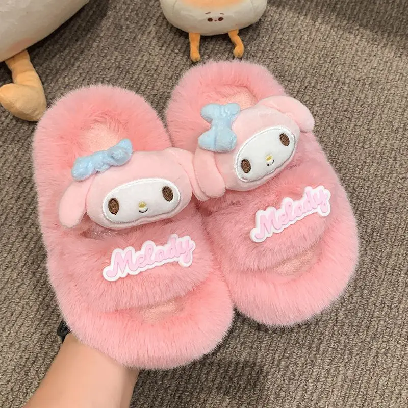 

2024 New My Melody Cotton Slippers Sanrio Kawaii Anime Kuromi Cinnamoroll Autumn Winter Furry Slippers Tide Gift for Kids