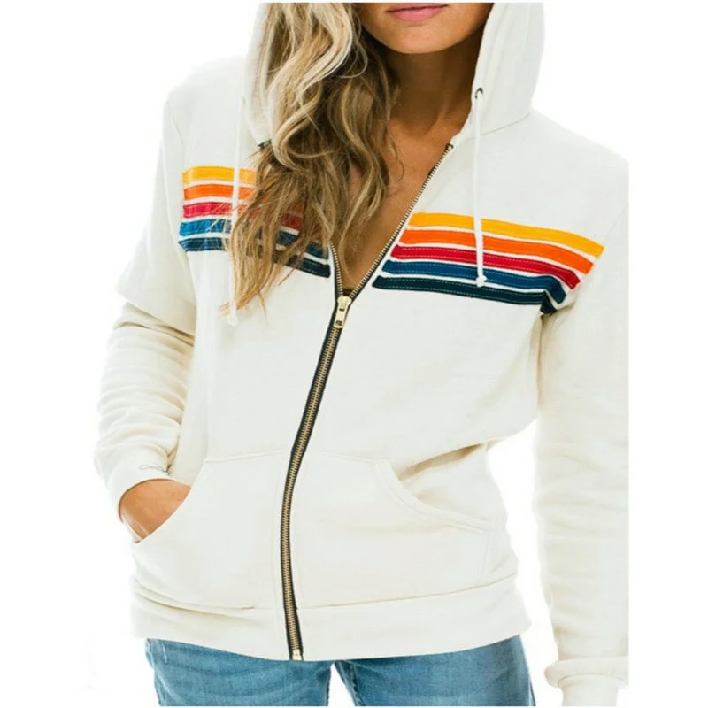 2025 Women Men Zipper Rainbow Long Sleeve Hooded Sweatershirt Harajuku Elastic Hip Hop 5 Stripe Hoodies Jacket