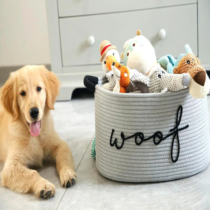 Woof Dog Toy Basket Woven Pet Baskets Storage Bin Box with Durable Handles Puppy Bins Perfect for Organizing Dog Toys