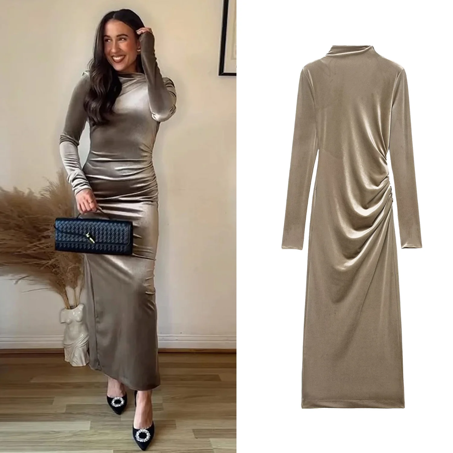 Women Backless Sexy Velvet Dress Female Long Sleeve Shoulder Pad Pleated Bodycon Long Dresses Spring Autumn Party Evening Wear