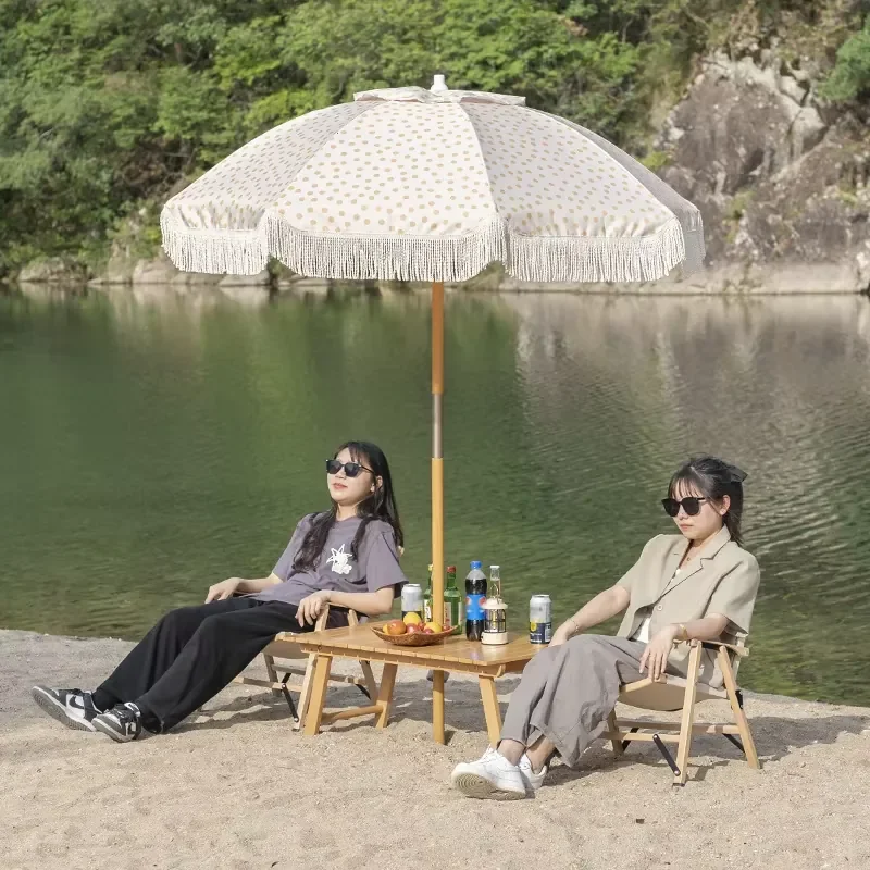 Camping Fishing Folding Recliner Sunshade Sun Protection Tassel Beach Umbrella Outdoor Bamboo Folding Chair Set