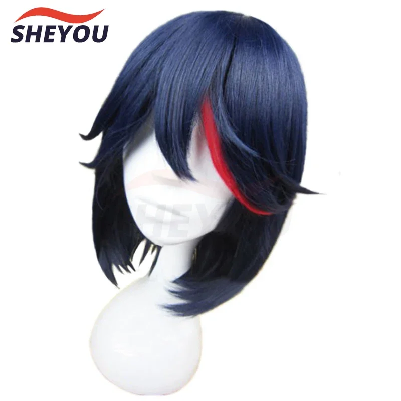 High Quality Anime KILL la KILL Matoi Ryuko Short Blue With Red Heat Resistant Hair Cosplay Costume Wig   Track   Wig Cap