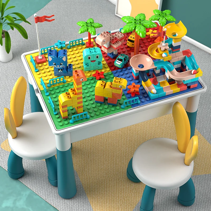Ensemble Table et chaises de blocs de construction multifonctionnels pour tout-petits, bureau d'activité pour enfants avec rangement de briques de puzzle, jouet éducatif STEM