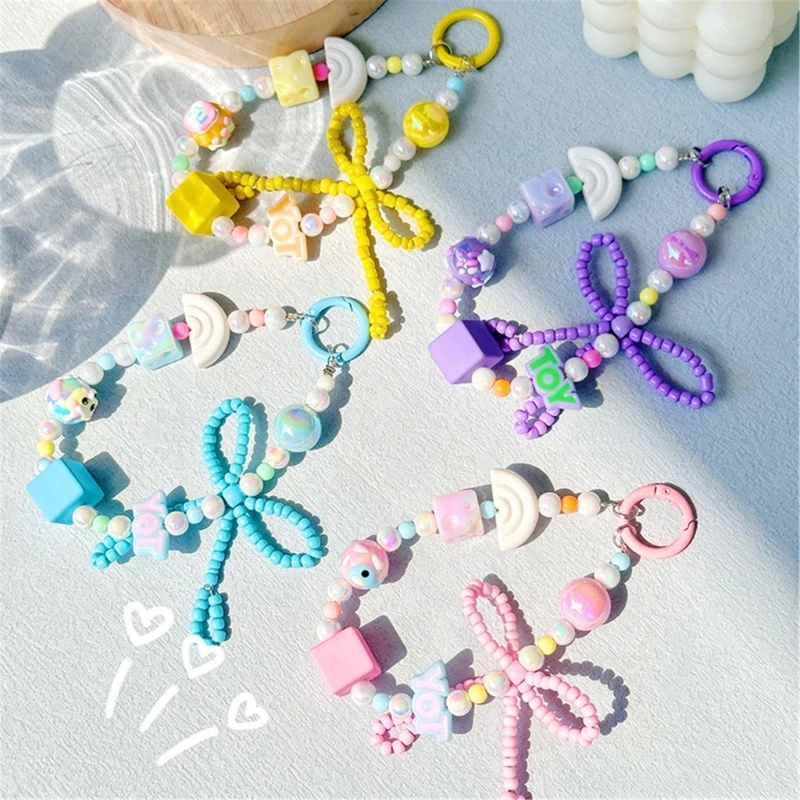 A9LC Colorful Phone Lanyard Trendsetting Butterfly Knot Beaded Phone Charm for Trendy Youth Fashion Enthusiasts Everyday Wear