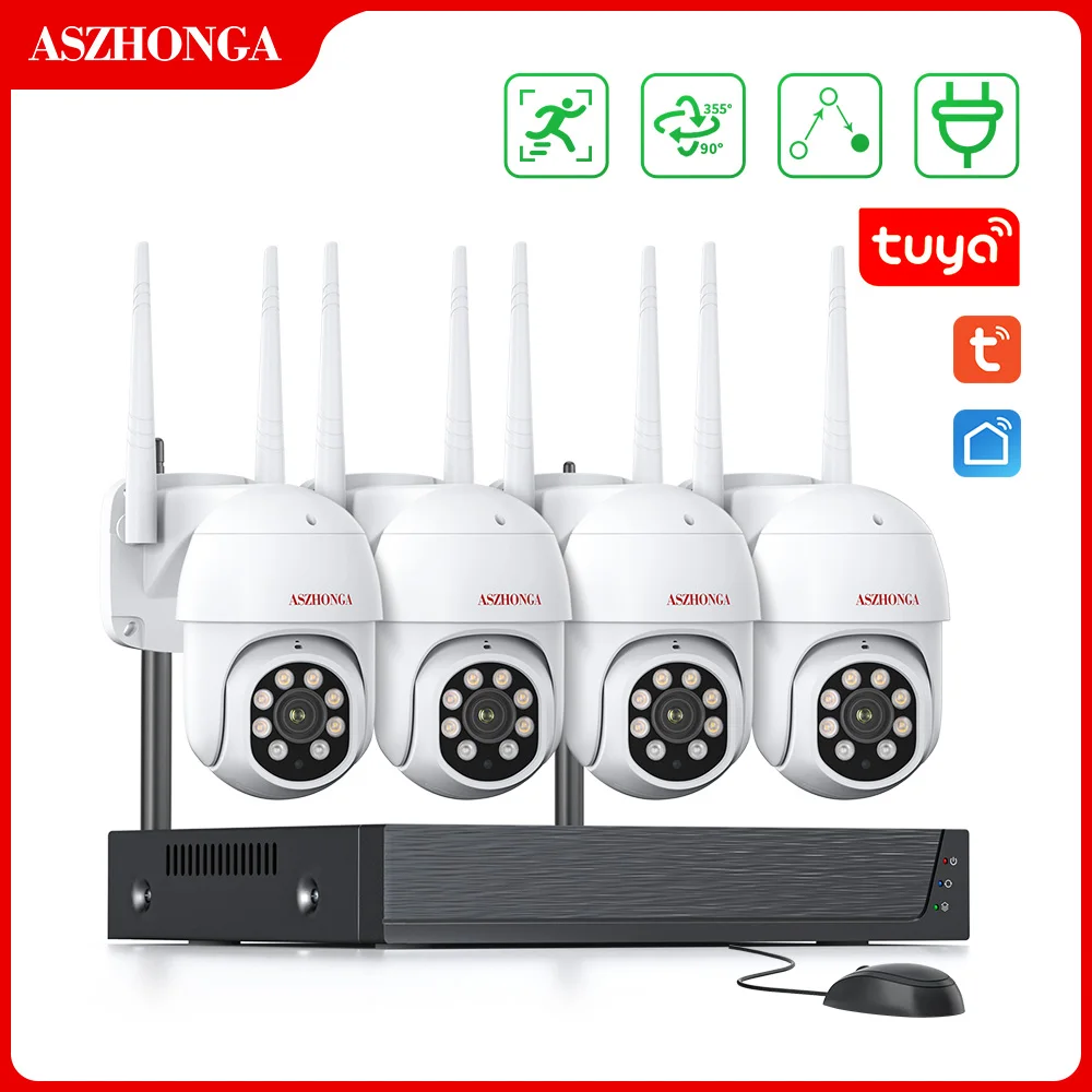 

ASZHONGA 4CH NVR Kits TUYA Smart 2mp Outdoor Surveillance System 4 Channels Wireless Wifi CCTV Video Cam with 1T 2T Hard Drive