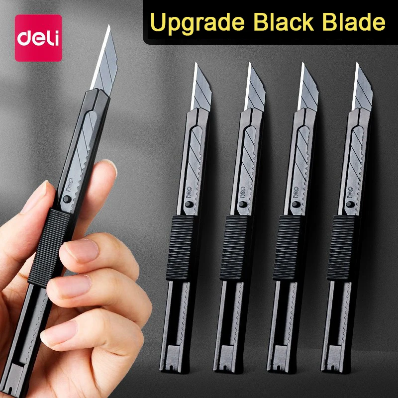 Deli Retractable Small Utility Knife 30 ° Black Blades Box Cutter Self-Locking Design couteau Wallpaper Carton Stationery Tools