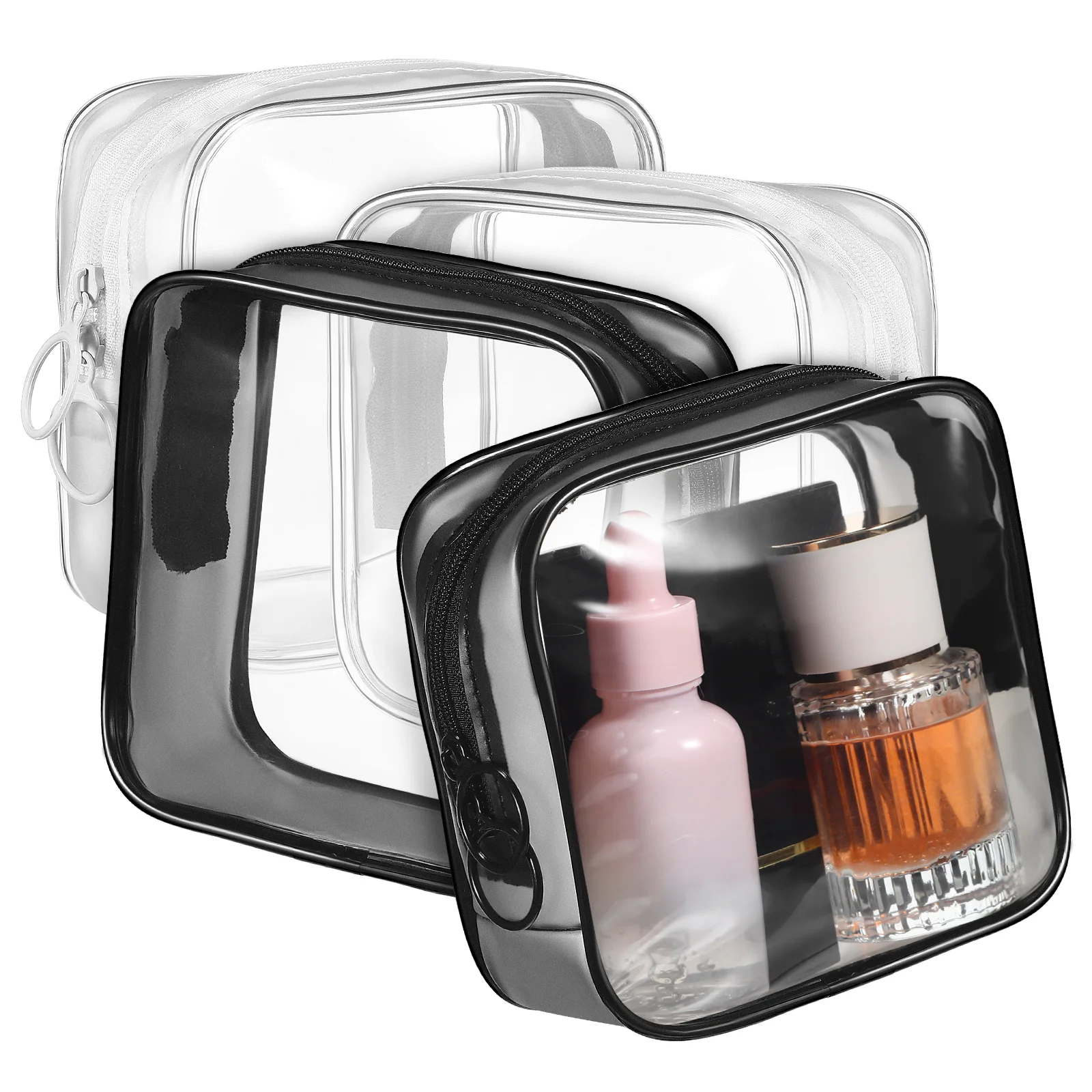 PVC Transparent Square Storage Bag 4 Small Double Sliders (2 Each Black and White) Travel Makeup Bags Clear Organizer Toiletry