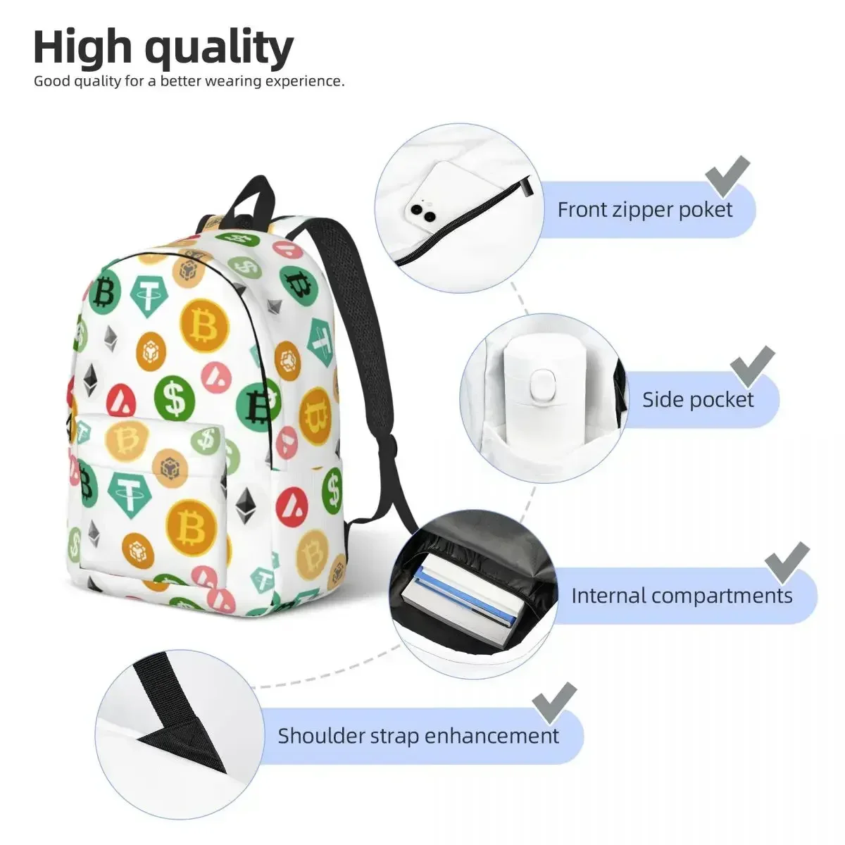 Colored Crypto Money Bitcoin Backpack for Men Women Cool Student Work Daypack Laptop Computer Shoulder Bag Sports