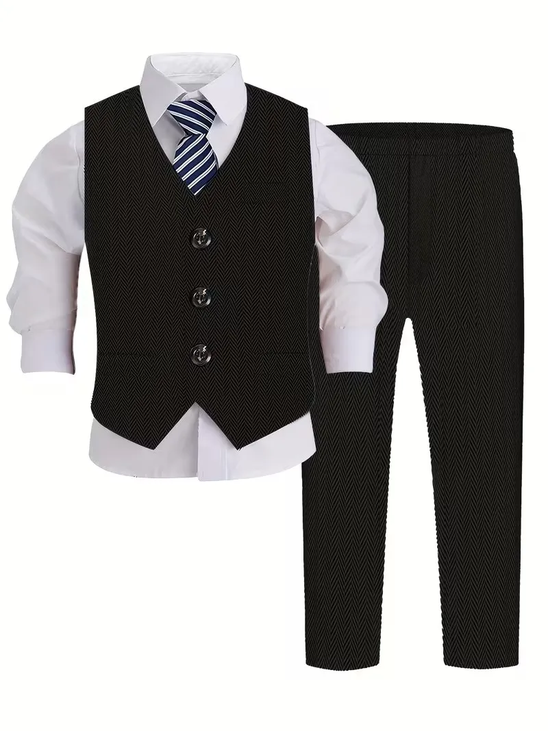 90-170 Jungen Sommer Schwarz Gestreifter Anzug mit Weste, Hemd, Hose und Fliege für Fotografie, Schule, Hochzeit, Kinderzeremonie und Festliche Anlässe