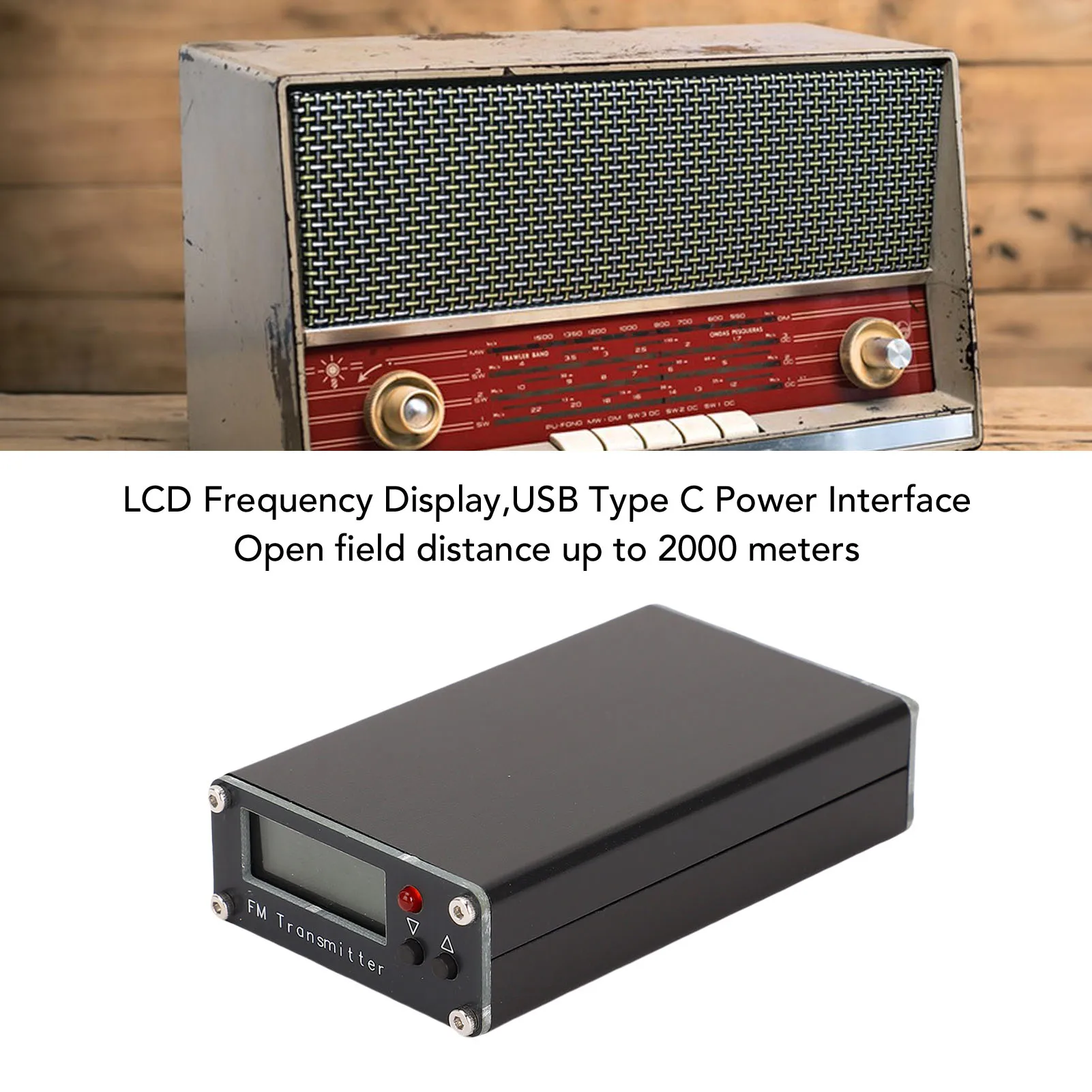 FM Broadcast Station Aluminum Alloy Casing 2KM FM Transmitter USB Type C Interface 76-108MHz with Cable for Audio Signal Device