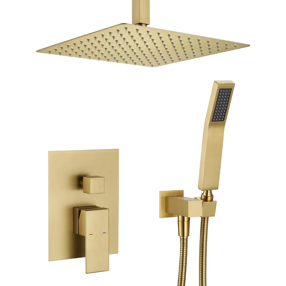 

12-Inch Brushed Gold Rain Shower Combo with Ceiling Mount Shower Head and Faucet Set for Bathroom