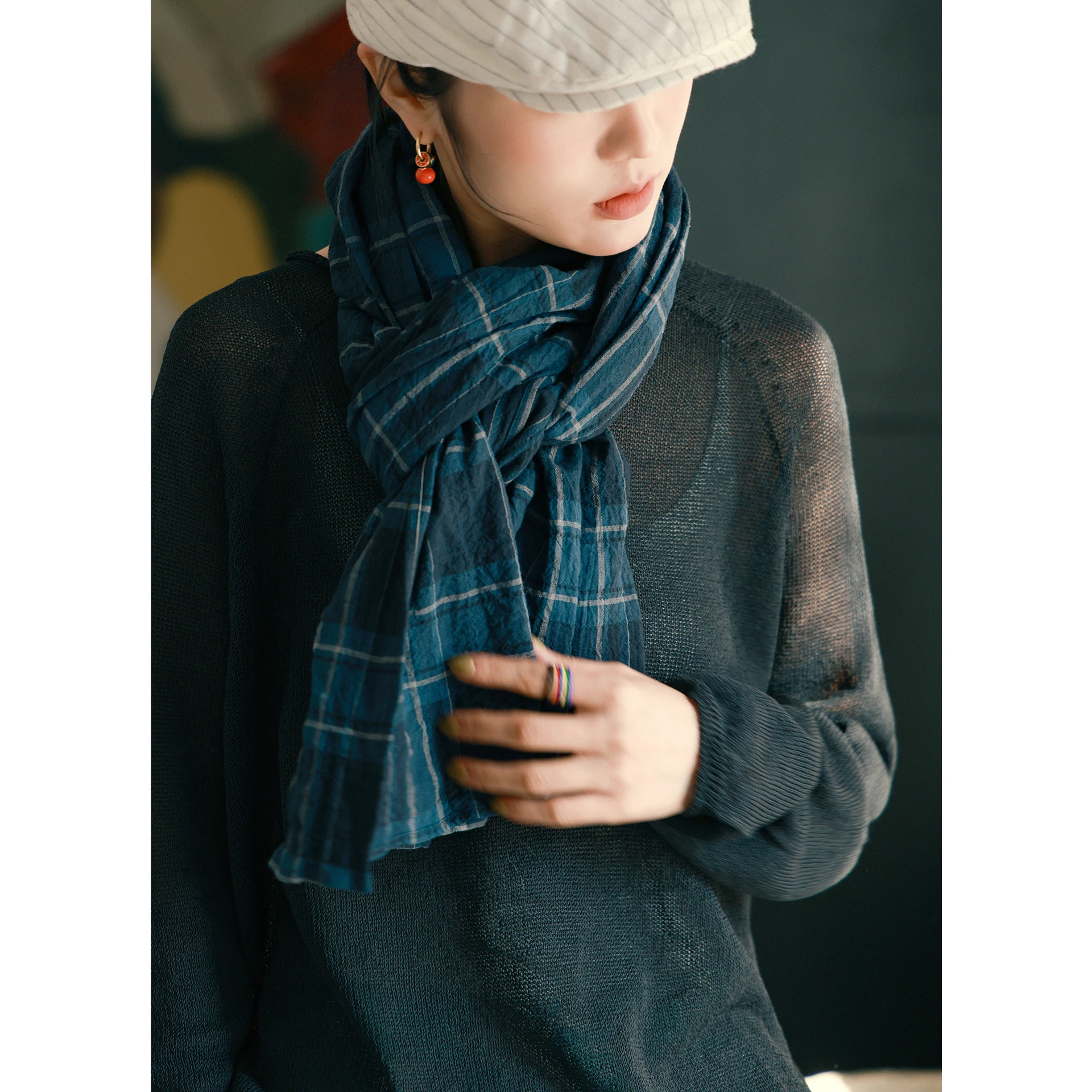 intellectual-anan-blue-color-woven-tartan-scarf-accessory-shawl-spring-summer-for-youth-and-middle-aged-women-cotton-fabric