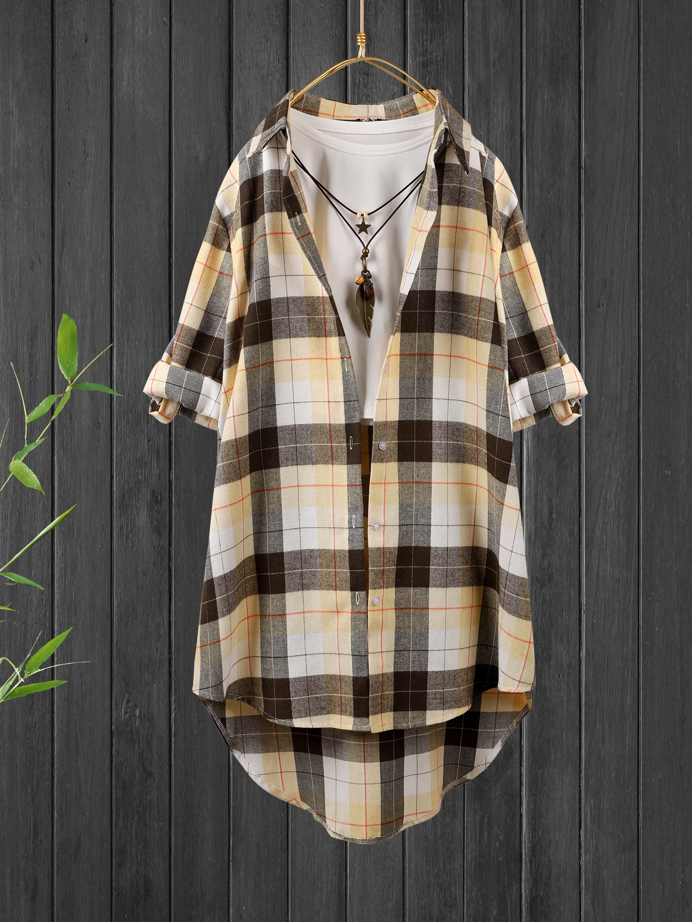 Big Size New Fashion Shirt Plaid Button Mid-long Shirt Women's Long Sleeve Lapel Collar Shirt