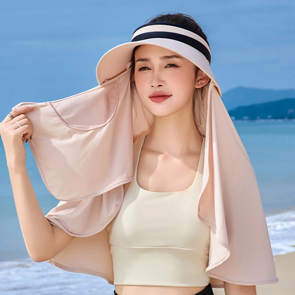 

New Empty Top Sun Hat Neck Protection Large Shawl Beach Cap Removable Breathable Visor Cap Women