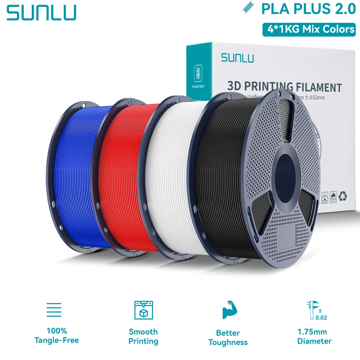 SUNLU PLA PLUS 2.0 Filament 3D 1.75mm Mocny i Wytrzymały Wielokolorowy Ulepszony Filament PLA do Szybkiego Druku dla Większości Drukarek FDM