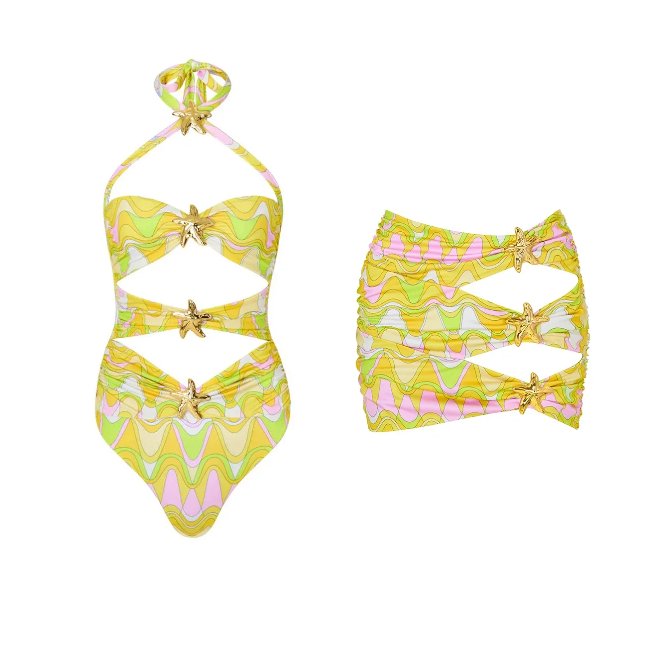 Costume da bagno con diamanti con gonna da spiaggia Costumi da bagno di lusso da donna Costumi da bagno ritagliati Bikini sexy Costume da bagno dimagrante dorato femminile