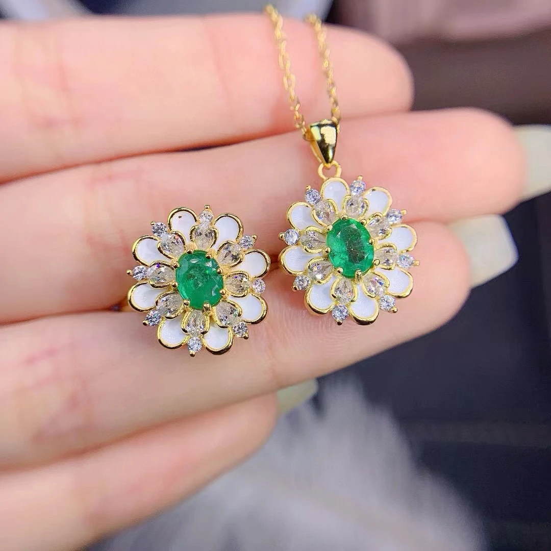 Natural Colombian Emerald Women's Ring Necklace Set S925 Pure Silver Inlaid Nearly Full Clarity High-quality Support Testing