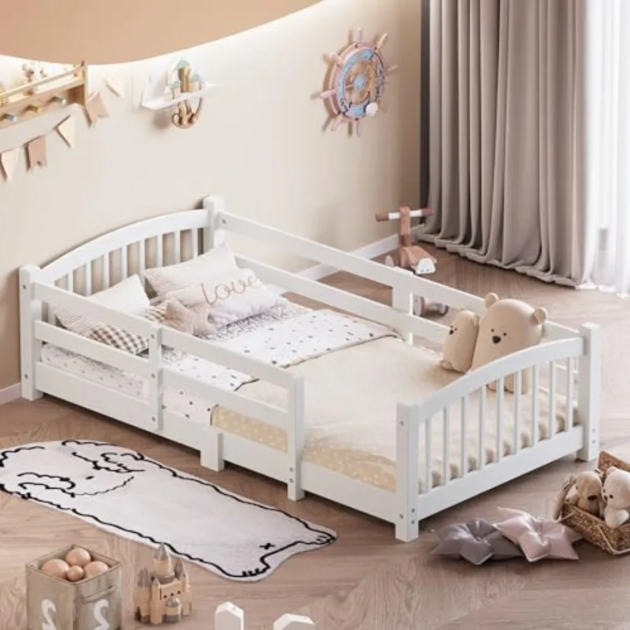 

Montessori Floor Bed, Floor Bed Frame with Slats and Safety Guardrail, Solid Wood Montessori Bed for Girls Boys, White