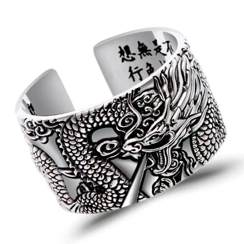 Real 925 Pure Silver Mens Biker Rings With Flying Dragon Vintage Punk Style Buddhism Heart Sutra Engraved Animal Jewelry