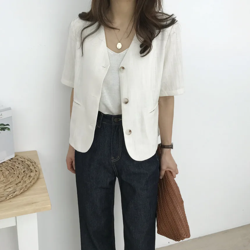 

Chic Salt Series V-Ne Хлопково-льняной костюм ort Sve Jaet Женский летний новый универсальный открытый кардиган Топ Faionable Pure...