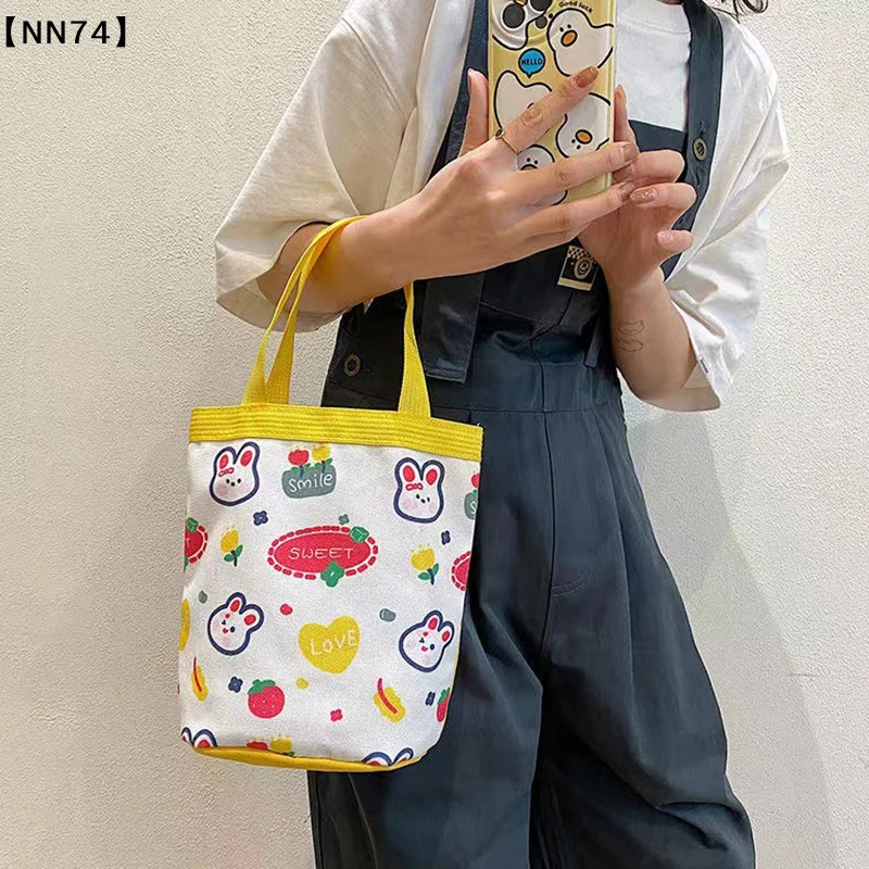 【NN74】Portable Cute Animal Pattern Graffiti Bucket Bag Ins Printed Cylindrical Bag Canvas Bento Bag Handheld Lunch Box Bag[J]