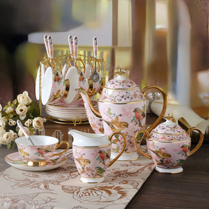 

Pink Bird Pastoral English Afternoon Tea Set Bone Porcelain Coffee Cup Dish European Ceramic Coffee Set