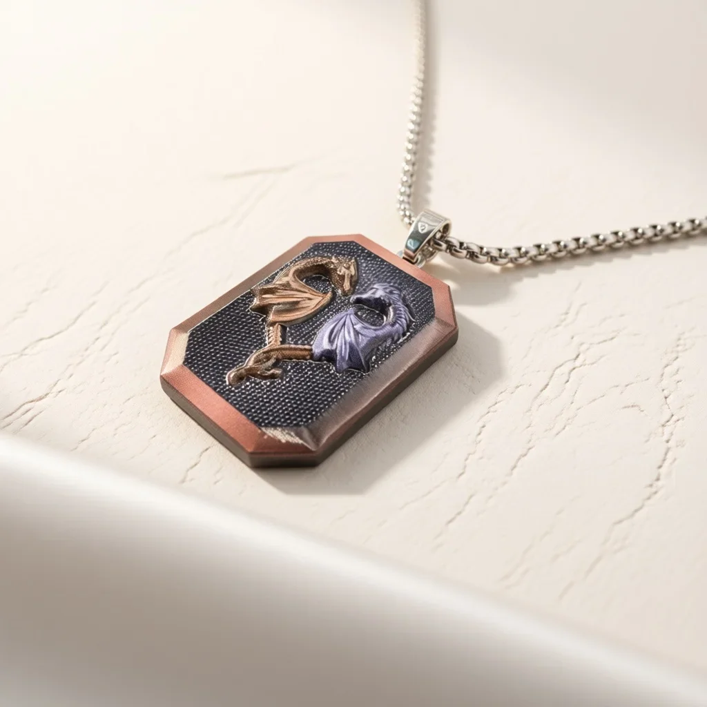 Two‑Tone Enamel Square Dragon Pendant Necklace, Fantasy Animal Relief Clavicle Chain, Cool Fashion Jewelry Gift for Men  Women