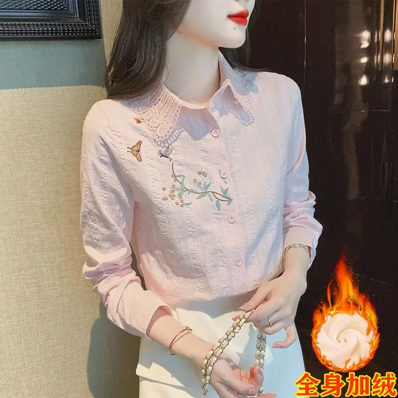 Chemise à manches longues en coton pour femmes, chemisier Simple en flanelle avec broderie Patchwork et dentelle