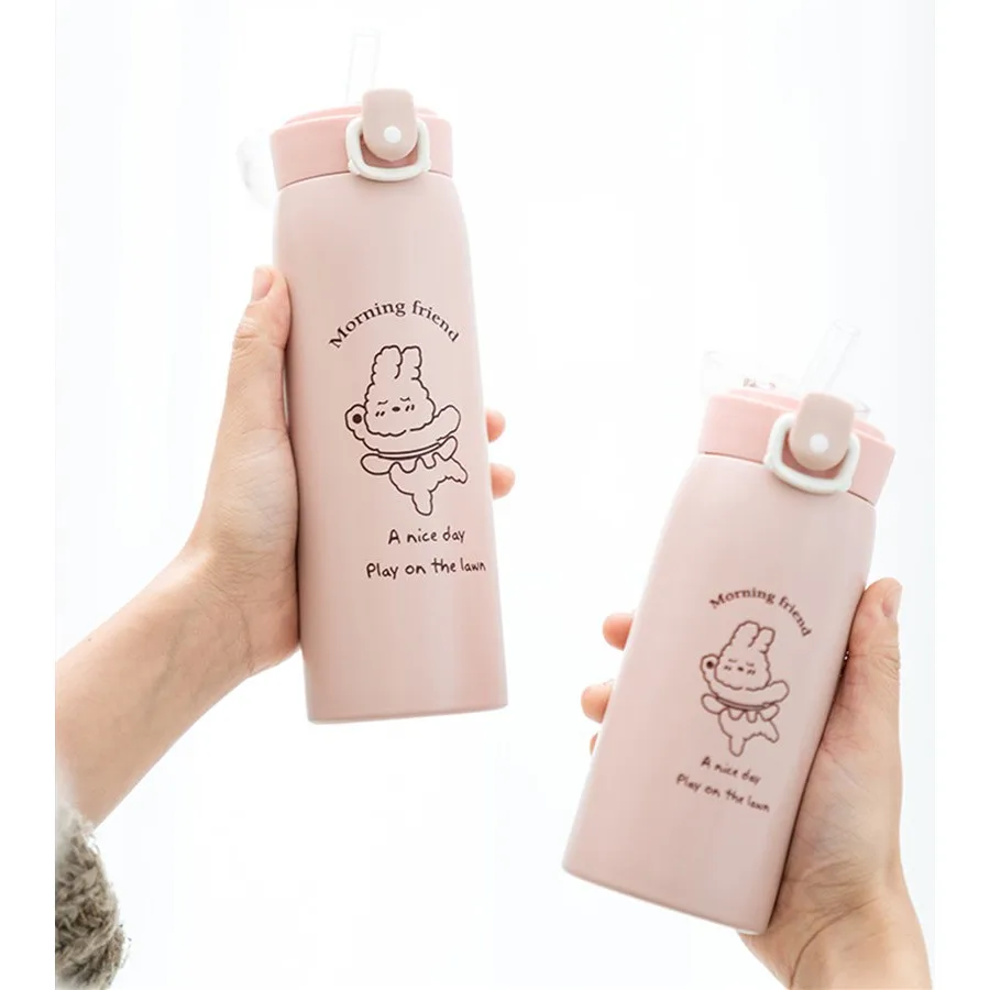 350ml/500ml Cartoon Stainless Steel Thermal Flask With Straw Portable Kids Cute Thermal Water Bottle